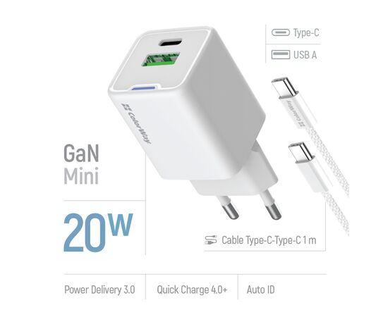 Зарядное устройство ColorWay C101A GaN Mini 20W PD PPS USB-C + USB-A QC4.0 + cable USB-C to USB-C black (CW-CHS062PDC-WT), изображение 7 Зарядное устройство ColorWay C101A GaN Mini 20W PD PPS USB-C + USB-A QC4.0 + cable USB-C to USB-C black (CW-CHS062PDC-WT), изображение 7