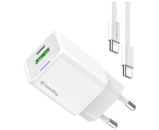 Зарядний пристрій ColorWay C101A GaN Mini 20W PD PPS USB-C + USB-A QC4.0 + cable USB-C to USB-C black (CW-CHS062PDC-WT)