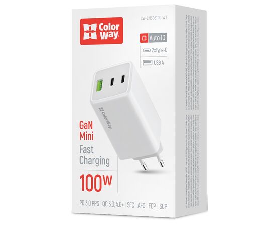Зарядное устройство ColorWay C101B GaN Mini 100W PD PPS 2xUSB-C + USB-A white (CW-CHS061PD-WT), изображение 6 Зарядное устройство ColorWay C101B GaN Mini 100W PD PPS 2xUSB-C + USB-A white (CW-CHS061PD-WT), изображение 6