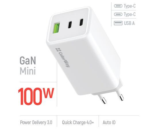 Зарядное устройство ColorWay C101B GaN Mini 100W PD PPS 2xUSB-C + USB-A white (CW-CHS061PD-WT), изображение 7 Зарядное устройство ColorWay C101B GaN Mini 100W PD PPS 2xUSB-C + USB-A white (CW-CHS061PD-WT), изображение 7