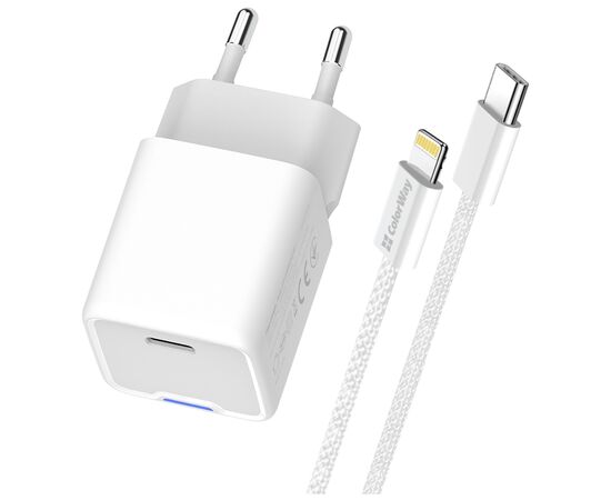 Зарядное устройство ColorWay C101D GaN Mini 20W PD PPS USB-C + cable USB-C to Lightning white (CW-CHS059PDL-WT), изображение 2 Зарядное устройство ColorWay C101D GaN Mini 20W PD PPS USB-C + cable USB-C to Lightning white (CW-CHS059PDL-WT), изображение 2
