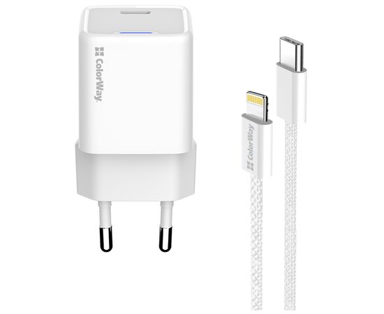 Зарядное устройство ColorWay C101D GaN Mini 20W PD PPS USB-C + cable USB-C to Lightning white (CW-CHS059PDL-WT), изображение 3 Зарядное устройство ColorWay C101D GaN Mini 20W PD PPS USB-C + cable USB-C to Lightning white (CW-CHS059PDL-WT), изображение 3