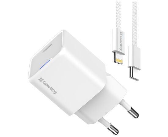 Зарядное устройство ColorWay C101D GaN Mini 20W PD PPS USB-C + cable USB-C to Lightning white (CW-CHS059PDL-WT), изображение 4 Зарядное устройство ColorWay C101D GaN Mini 20W PD PPS USB-C + cable USB-C to Lightning white (CW-CHS059PDL-WT), изображение 4