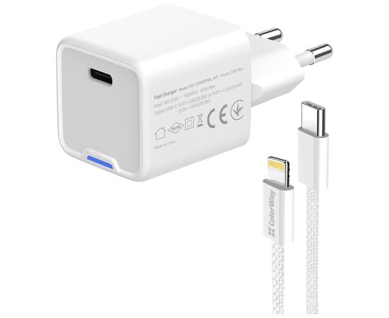 Зарядное устройство ColorWay C101D GaN Mini 20W PD PPS USB-C + cable USB-C to Lightning white (CW-CHS059PDL-WT), изображение 5 Зарядное устройство ColorWay C101D GaN Mini 20W PD PPS USB-C + cable USB-C to Lightning white (CW-CHS059PDL-WT), изображение 5