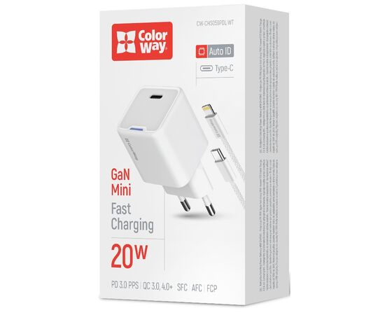 Зарядное устройство ColorWay C101D GaN Mini 20W PD PPS USB-C + cable USB-C to Lightning white (CW-CHS059PDL-WT), изображение 6 Зарядное устройство ColorWay C101D GaN Mini 20W PD PPS USB-C + cable USB-C to Lightning white (CW-CHS059PDL-WT), изображение 6