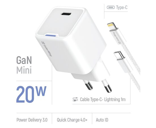 Зарядное устройство ColorWay C101D GaN Mini 20W PD PPS USB-C + cable USB-C to Lightning white (CW-CHS059PDL-WT), изображение 7 Зарядное устройство ColorWay C101D GaN Mini 20W PD PPS USB-C + cable USB-C to Lightning white (CW-CHS059PDL-WT), изображение 7