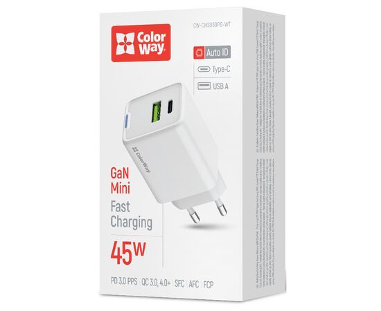 Зарядное устройство ColorWay C101E GaN Mini 45W PD PPS USB-C + USB-A QC4.0 white (CW-CHS060PD-WT), изображение 6 Зарядное устройство ColorWay C101E GaN Mini 45W PD PPS USB-C + USB-A QC4.0 white (CW-CHS060PD-WT), изображение 6