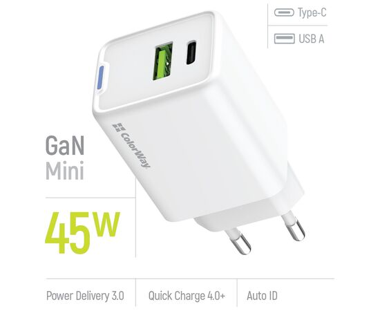 Зарядное устройство ColorWay C101E GaN Mini 45W PD PPS USB-C + USB-A QC4.0 white (CW-CHS060PD-WT), изображение 7 Зарядное устройство ColorWay C101E GaN Mini 45W PD PPS USB-C + USB-A QC4.0 white (CW-CHS060PD-WT), изображение 7