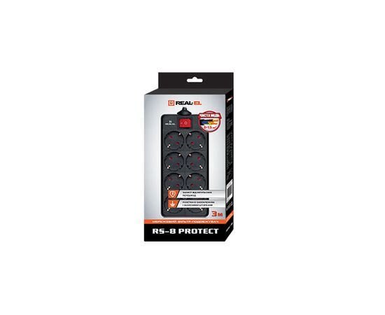 Сетевой фильтр питания REAL-EL REAL-EL RS-8 PROTECT, 3m, black (EL122300022), изображение 2 Сетевой фильтр питания REAL-EL REAL-EL RS-8 PROTECT, 3m, black (EL122300022), изображение 2