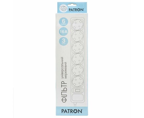 Сетевой фильтр питания Patron 3.0 m3*1.5mm2 (SP-1663) 6 розеток BLACK (EXT-PN-SP-1663), изображение 2 Сетевой фильтр питания Patron 3.0 m3*1.5mm2 (SP-1663) 6 розеток BLACK (EXT-PN-SP-1663), изображение 2