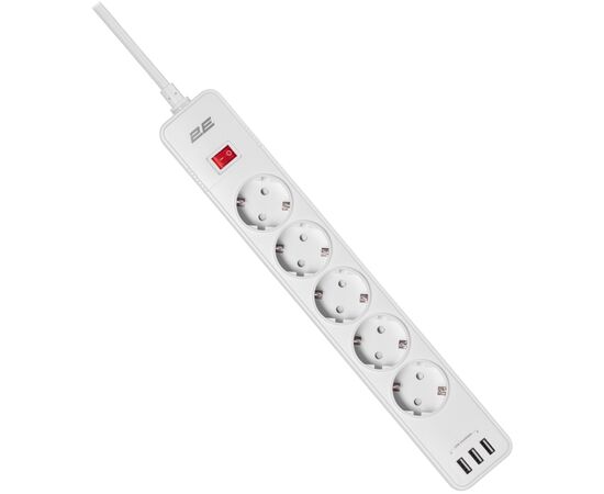 Сетевой фильтр питания 2E 5XSchuko, 3G*1.5мм, 3*USB-A, 2м, white (2E-SP515M2USBWH), изображение 2 Сетевой фильтр питания 2E 5XSchuko, 3G*1.5мм, 3*USB-A, 2м, white (2E-SP515M2USBWH), изображение 2