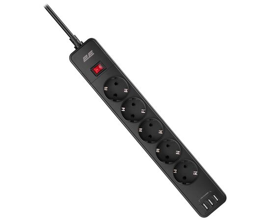 Сетевой фильтр питания 2E 5XSchuko, 3G*1.5мм, 3*USB-A, 2м, black (2E-SP515M2USBBK), изображение 2 Сетевой фильтр питания 2E 5XSchuko, 3G*1.5мм, 3*USB-A, 2м, black (2E-SP515M2USBBK), изображение 2