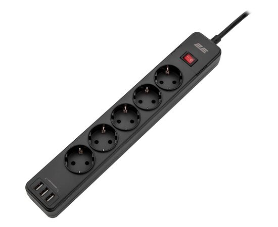 Сетевой фильтр питания 2E 5XSchuko, 3G*1.5мм, 3*USB-A, 2м, black (2E-SP515M2USBBK), изображение 3 Сетевой фильтр питания 2E 5XSchuko, 3G*1.5мм, 3*USB-A, 2м, black (2E-SP515M2USBBK), изображение 3