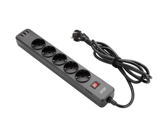 Сетевой фильтр питания 2E 5XSchuko, 3G*1.5мм, 3*USB-A, 2м, black (2E-SP515M2USBBK)