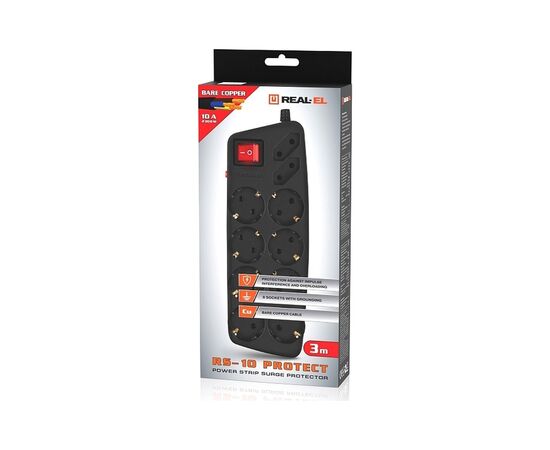 Сетевой фильтр питания REAL-EL REAL-EL RS-10 Protect, 3m, black (EL122300039), изображение 8 Сетевой фильтр питания REAL-EL REAL-EL RS-10 Protect, 3m, black (EL122300039), изображение 8
