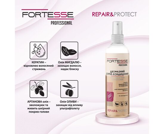 Кондиционер для волос Fortesse Professional Repair & Protect Двухфазный восстанавливающий Для сухих и поврежденных волос 250 мл (4823115501530), изображение 2 Кондиционер для волос Fortesse Professional Repair & Protect Двухфазный восстанавливающий Для сухих и поврежденных волос 250 мл (4823115501530), изображение 2
