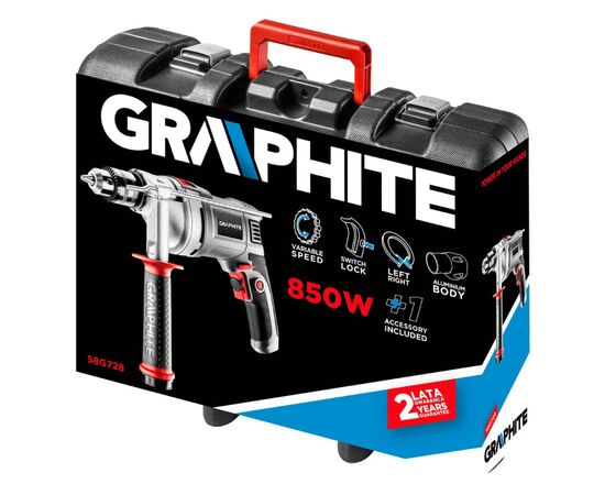 Дриль Graphite Energy+ 450Вт, зубчастий патрон 13мм, 0-3000об/хв, кейс (58G728), зображення 2 Дриль Graphite Energy+ 450Вт, зубчастий патрон 13мм, 0-3000об/хв, кейс (58G728), зображення 2