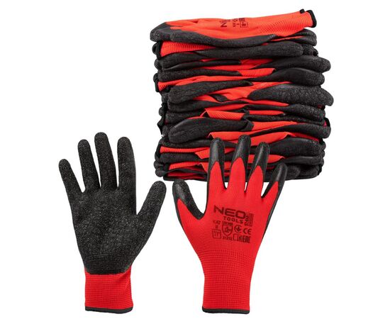 Защитные перчатки Neo Tools комплект 12шт, полиэстер с латексным покрытием, р.11, красно-черный (97-645-11), изображение 6 Защитные перчатки Neo Tools комплект 12шт, полиэстер с латексным покрытием, р.11, красно-черный (97-645-11), изображение 6