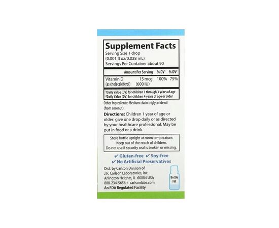 Витаминно-минеральный комплекс Carlson Витамин D3 для Детей в Каплях, 600 МЕ, Kid''s Super Daily D3, 2.54 мл (CAR-12610), изображение 2 Витаминно-минеральный комплекс Carlson Витамин D3 для Детей в Каплях, 600 МЕ, Kid''s Super Daily D3, 2.54 мл (CAR-12610), изображение 2