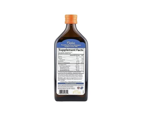 Жирні кислоти Carlson Норвезький риб'ячий жир, смак апельсина, 1600 мг, Norwegian Finest Fis (CAR-01655), зображення 2 Жирні кислоти Carlson Норвезький риб'ячий жир, смак апельсина, 1600 мг, Norwegian Finest Fis (CAR-01655), зображення 2