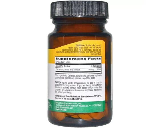 Минералы Country Life Хелатный Цинк, 50 мг, 100 таблеток (CLF-02951), изображение 2 Минералы Country Life Хелатный Цинк, 50 мг, 100 таблеток (CLF-02951), изображение 2
