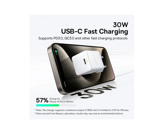 Зарядний пристрій Baseus Palm Fast Charger 1C 30W + Cable 1.0m Type-C 60W white (P10111605213-01), зображення 6 Зарядний пристрій Baseus Palm Fast Charger 1C 30W + Cable 1.0m Type-C 60W white (P10111605213-01), зображення 6