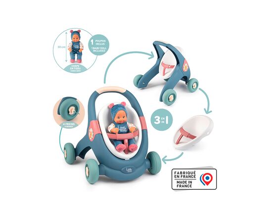 Коляска для кукол Smoby Little для прогулок 3в1, с пупсом, синий (140308), изображение 6 Коляска для кукол Smoby Little для прогулок 3в1, с пупсом, синий (140308), изображение 6