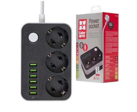 Сетевой фильтр питания ColorWay CW-CHЕ36B, 3 розетки/6USB Black 1.8M (CW-CHE36B), изображение 2 Сетевой фильтр питания ColorWay CW-CHЕ36B, 3 розетки/6USB Black 1.8M (CW-CHE36B), изображение 2