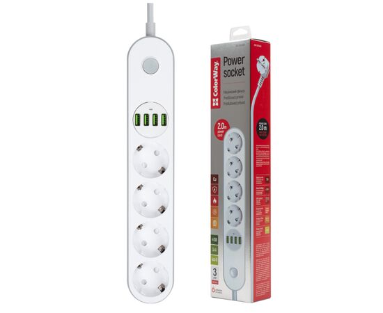 Сетевой фильтр питания ColorWay CW-CHE44W, 4 розетки/4USB White 2M (CW-CHE44W), изображение 2 Сетевой фильтр питания ColorWay CW-CHE44W, 4 розетки/4USB White 2M (CW-CHE44W), изображение 2
