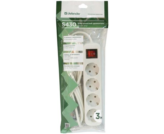 Сетевой удлинитель Defender S430 3.0 m 4 роз switch white (99238), изображение 4 Сетевой удлинитель Defender S430 3.0 m 4 роз switch white (99238), изображение 4