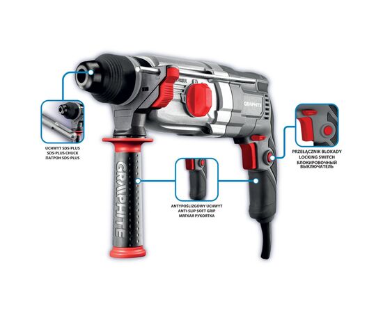 Перфоратор Graphite SDS-plus, 900Вт, 3.4Дж, кейс 6.1кг (58G539), изображение 10 Перфоратор Graphite SDS-plus, 900Вт, 3.4Дж, кейс 6.1кг (58G539), изображение 10
