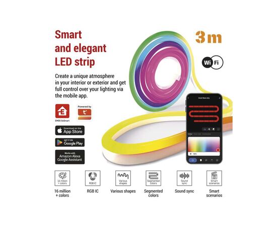 Светодиодная лента EMOS ZPW313I NEON white 3 m 24 Вт RGBIC WiFi (ZPW313I), изображение 7 Светодиодная лента EMOS ZPW313I NEON white 3 m 24 Вт RGBIC WiFi (ZPW313I), изображение 7