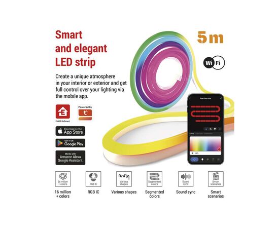 Светодиодная лента EMOS ZPW513I NEON white 5 m 33 Вт RGBIC WiFi (ZPW513I), изображение 7 Светодиодная лента EMOS ZPW513I NEON white 5 m 33 Вт RGBIC WiFi (ZPW513I), изображение 7