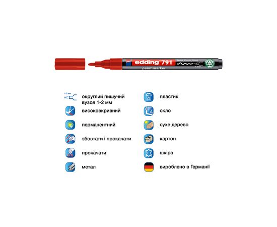 Маркер Edding Paint e-791 1-2 мм круглый красный (e-791/02n), изображение 2 Маркер Edding Paint e-791 1-2 мм круглый красный (e-791/02n), изображение 2