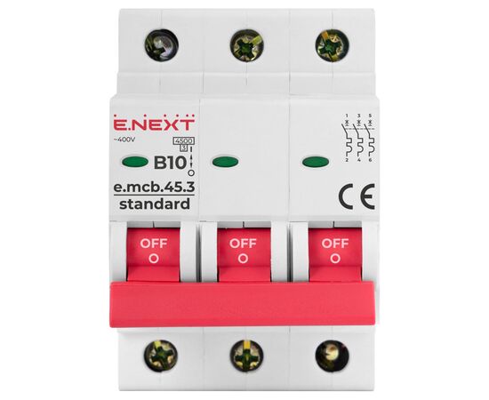Автоматический выключатель E.NEXT 3-п e.mcb.stand. 10А B ( 4,5кА) (s001025), изображение 2 Автоматический выключатель E.NEXT 3-п e.mcb.stand. 10А B ( 4,5кА) (s001025), изображение 2