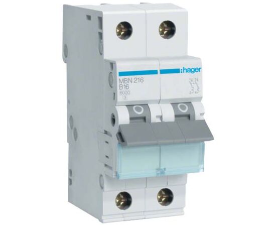 Автоматический выключатель Hager 2-п. B 16A (6kA) 2M (A) (MBN216)