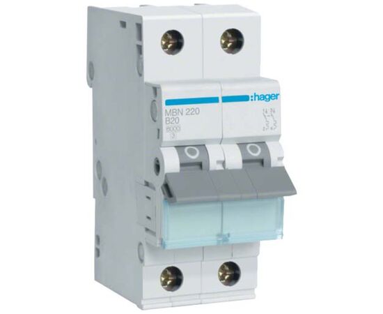 Автоматический выключатель Hager 2-п. B 20A (6kA) 2M (B) (MBN220)