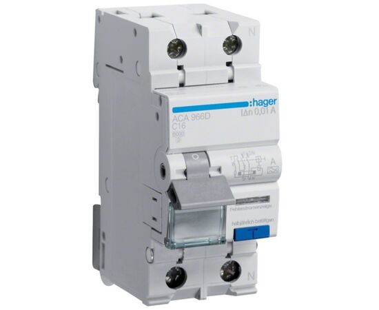 Дифференциальный автоматический выключатель Hager 1-п.+N 16A C 10mA (6kA) A (B) (ACA966D)