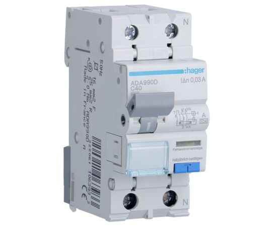 Дифференциальный автоматический выключатель Hager 1-п.+N 40A C 30mA (6kA) A (A) (ADA990D)