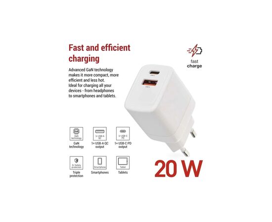 Зарядное устройство EMOS V02G20 1xUSB-A + 1xUSB-C PD20W GaN (V02G20), изображение 3