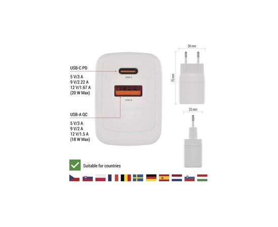 Зарядное устройство EMOS V02G20 1xUSB-A + 1xUSB-C PD20W GaN (V02G20), изображение 5