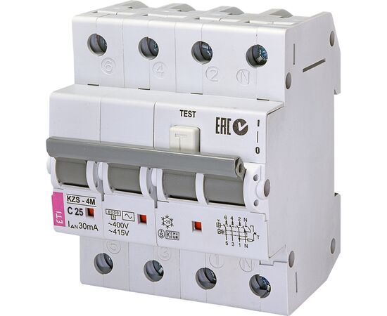 Дифференциальный автоматический выключатель ETI KZS-4M 3p+N C 25/0,03 тип AC (6kA)