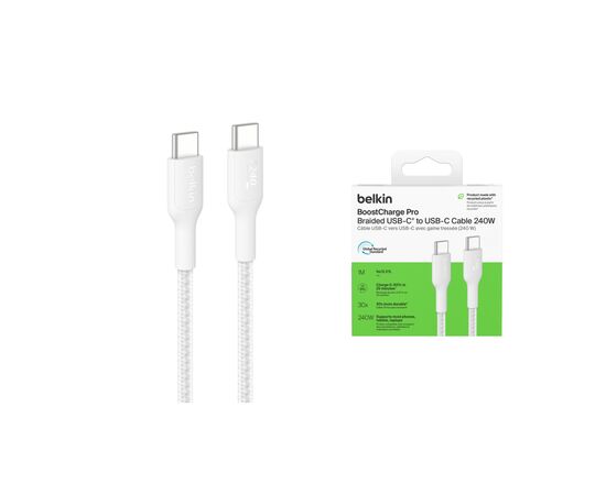 Дата кабель USB-C to USB-C 1.0m 240W white Belkin (CAB025HQ1MWH), изображение 2 Дата кабель USB-C to USB-C 1.0m 240W white Belkin (CAB025HQ1MWH), изображение 2