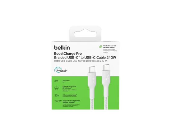 Дата кабель USB-C to USB-C 2.0m 240W white Belkin (CAB025HQ2MWH), изображение 3 Дата кабель USB-C to USB-C 2.0m 240W white Belkin (CAB025HQ2MWH), изображение 3