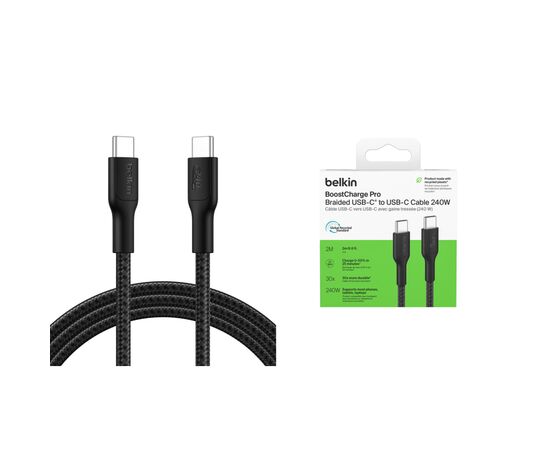 Дата кабель USB-C to USB-C 2.0m 240W black Belkin (CAB025HQ2MBK), изображение 2 Дата кабель USB-C to USB-C 2.0m 240W black Belkin (CAB025HQ2MBK), изображение 2