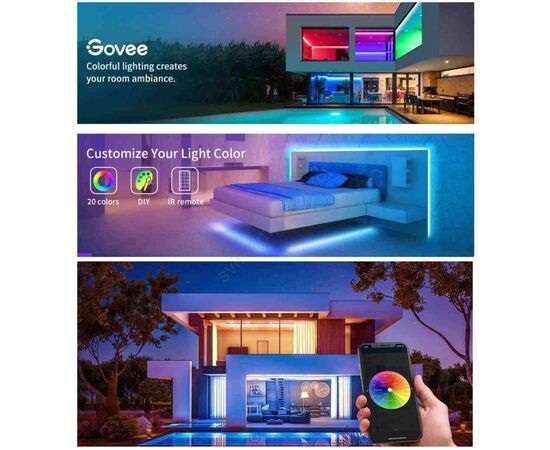 Светодиодная лента Govee H615A LED 5.0m, RGB, WI-FI/Bluetooth, microphone, white (H615A3A3), изображение 4 Светодиодная лента Govee H615A LED 5.0m, RGB, WI-FI/Bluetooth, microphone, white (H615A3A3), изображение 4