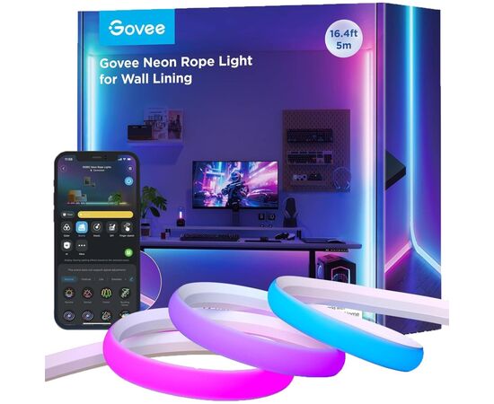 Светодиодная лента Govee H6641 Neon Rope Light for Wall Lining, 5.0m, RGBIC, WI-FI/Bluetooth, white (H66413D1)
