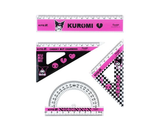 Линейка Kite набор: линейка 15 см, 2 угольника, транспортир Kuromi (HK25-282)