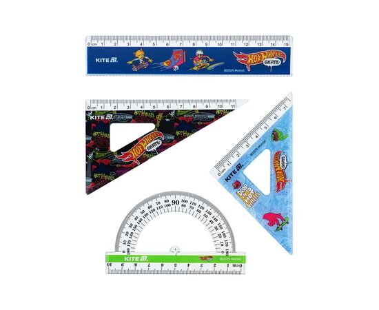 Линейка Kite набор: линейка 15 см, 2 угольника, транспортир Hot Wheels (HW25-282)