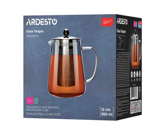 Заварник Ardesto Gemini Milano 950 мл, прозорий (AR1909BGM), изображение 2 Заварник Ardesto Gemini Milano 950 мл, прозорий (AR1909BGM), изображение 2
